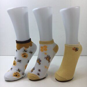 Set 3 Womens Bee-Themed Ankle Socks Honeycomb Honeybees Yellow White Brown